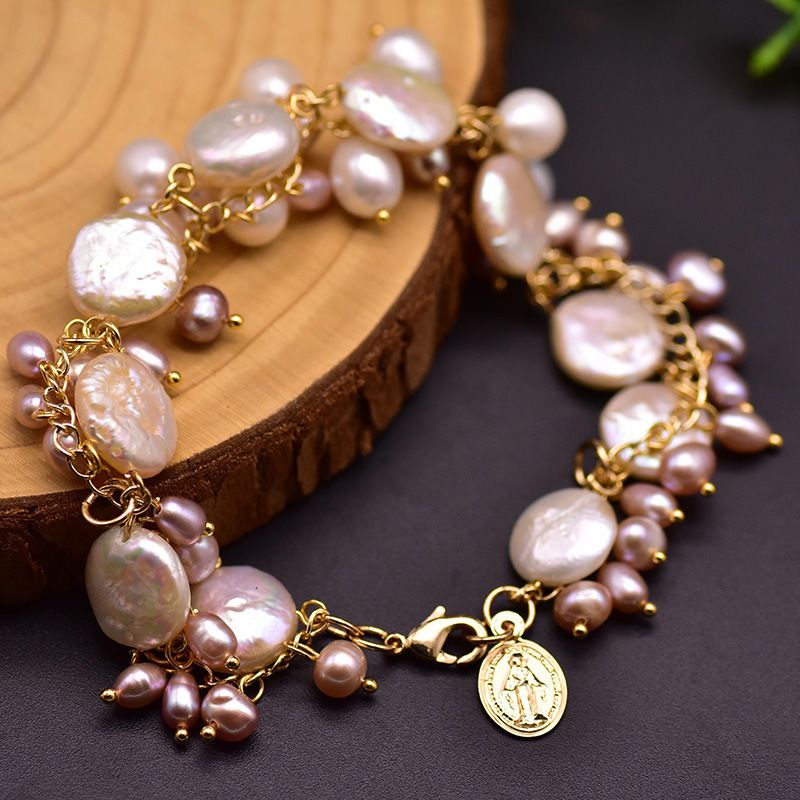 Retro Round Freshwater Pearl Beaded Plating 18k Gold Plated Bracelets