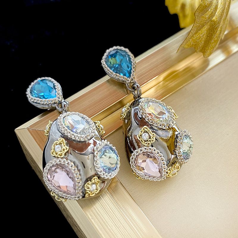 Wholesale Jewelry Retro Oval Alloy Artificial Pearls Rhinestones Inlay Drop Earrings