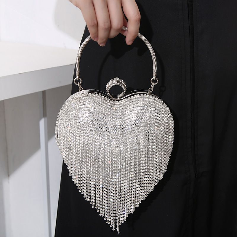 Silver Black Gold Pu Leather Heart Shape Tassel Heart-shaped Evening Bags