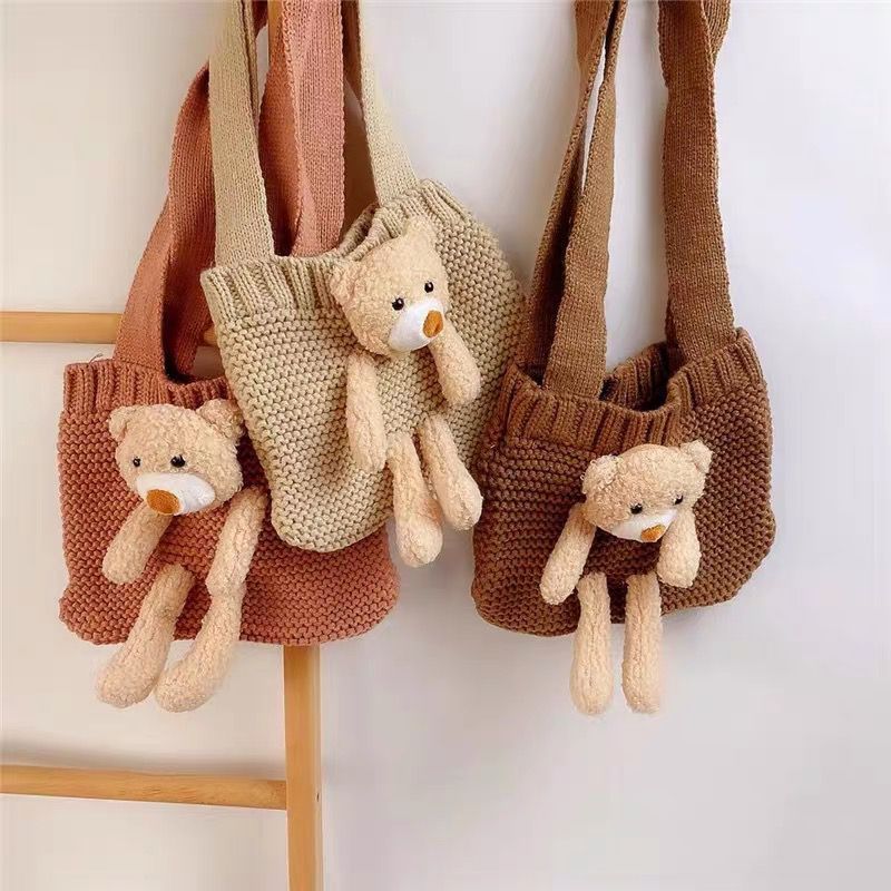 Kid's Small Knit Bear Cute Square Open Shoulder Bag Crossbody Bag