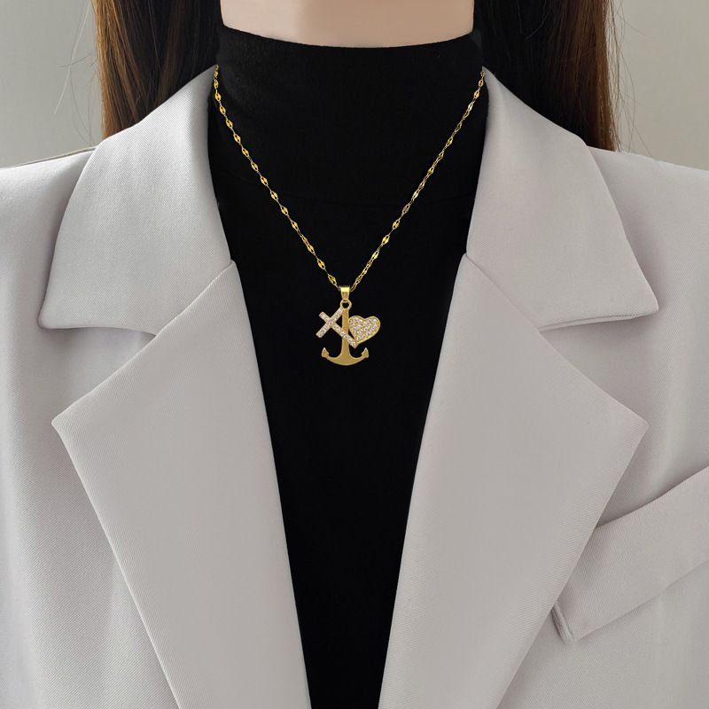 Wholesale Streetwear Cross Anchor Titanium Steel Copper Inlay Artificial Gemstones Pendant Necklace