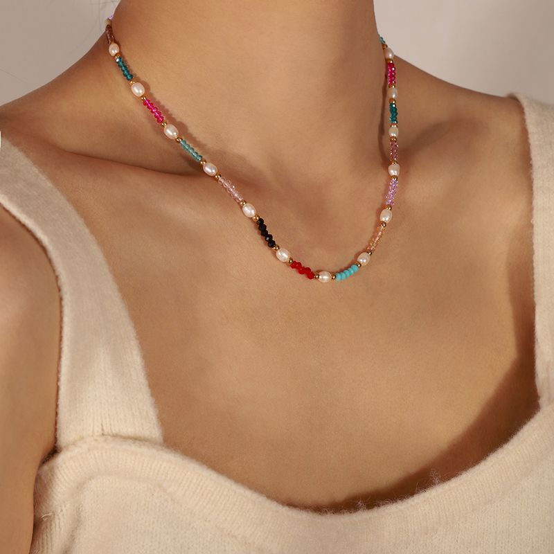 Elegant Einfacher Stil Geometrisch Ein Naturstein Süßwasserperle Titan Stahl Perlen Überzug 18 Karat Vergoldet Halskette