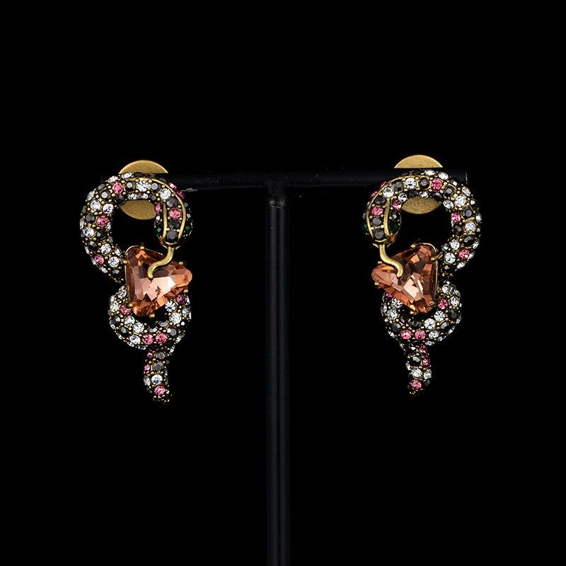 1 Par Retro Brillante Serpiente Enchapado Embutido Cobre Diamantes De Imitación Chapado En Oro De 18 Quilates. Pendientes De Gota