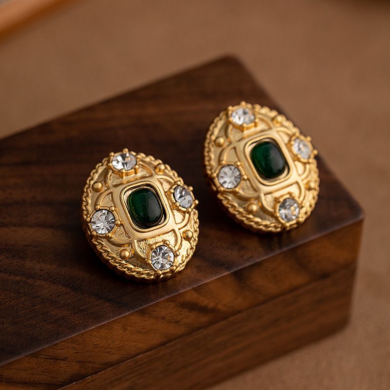 1 Pair Elegant Retro Oval Plating Inlay Alloy Artificial Gemstones Rhinestones 18k Gold Plated Ear Studs