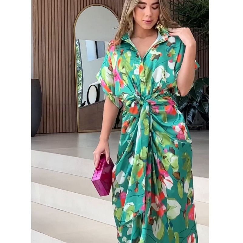 Women's Regular Dress Elegant Shirt Collar Printing Short Sleeve Flower Maxi Long Dress Daily