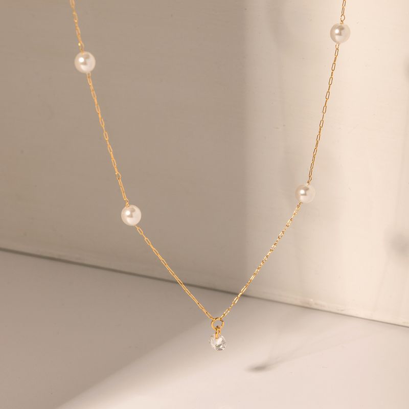 Elegant Simple Style Geometric Stainless Steel Plating Inlay Artificial Pearls Zircon 18k Gold Plated Necklace