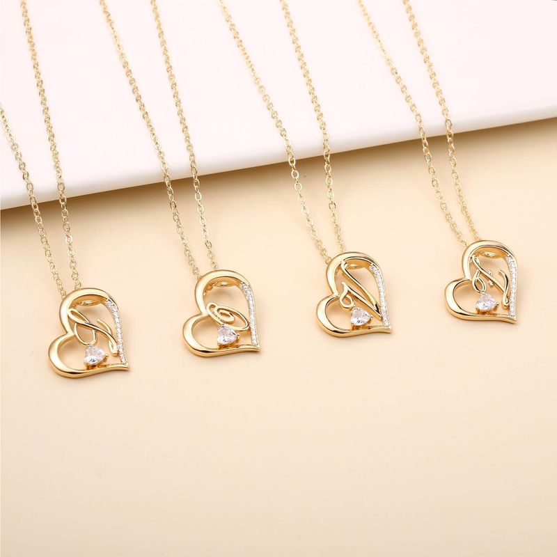 Elegant Letter Heart Shape Copper Plating Inlay Zircon 14k Gold Plated Pendant Necklace