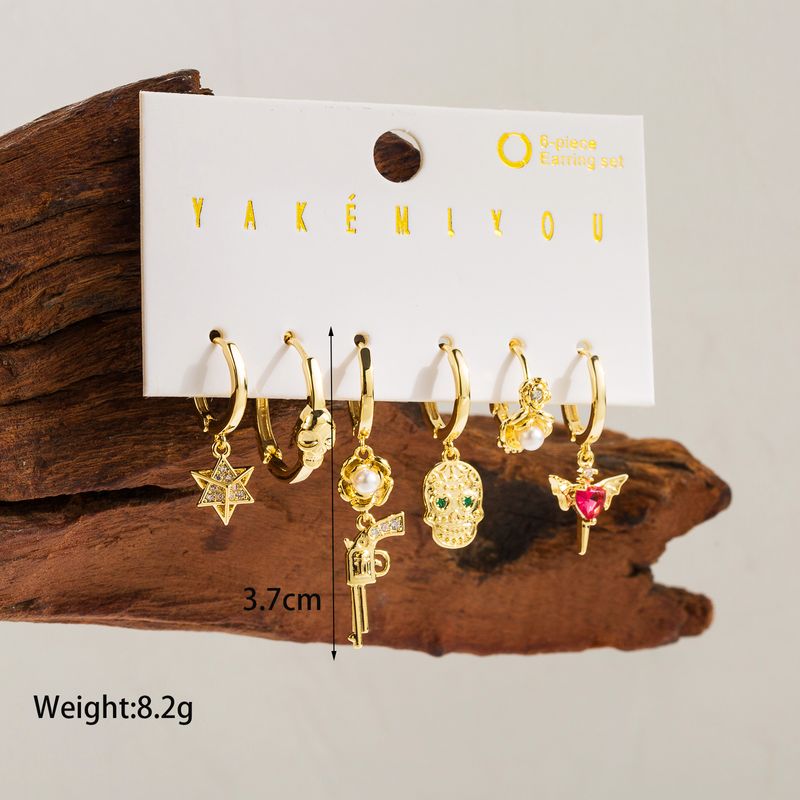 Gotisch Neuheit Toller Stil Schädel Kupfer Überzug Inlay Künstliche Perlen Zirkon 14 Karat Vergoldet Schmuck-set