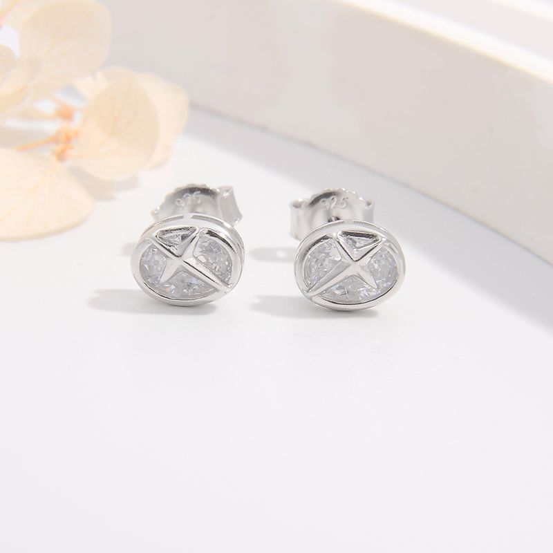 1 Piece Simple Style Cross Plating Sterling Silver Zircon White Gold Plated Ear Studs