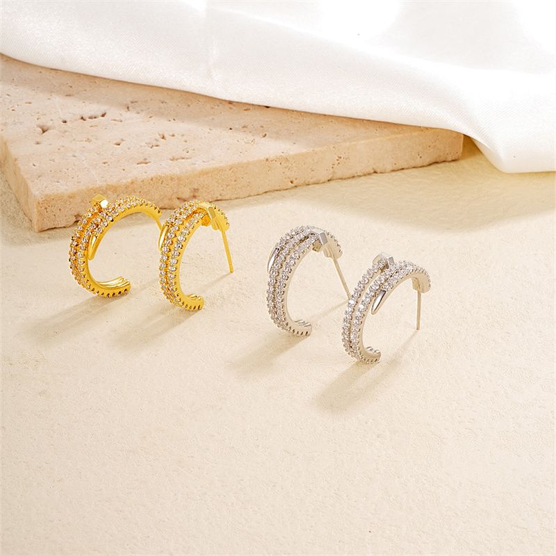 1 Pair Casual Simple Style Geometric Copper Zircon K Gold Plated Rhodium Plated Ear Studs