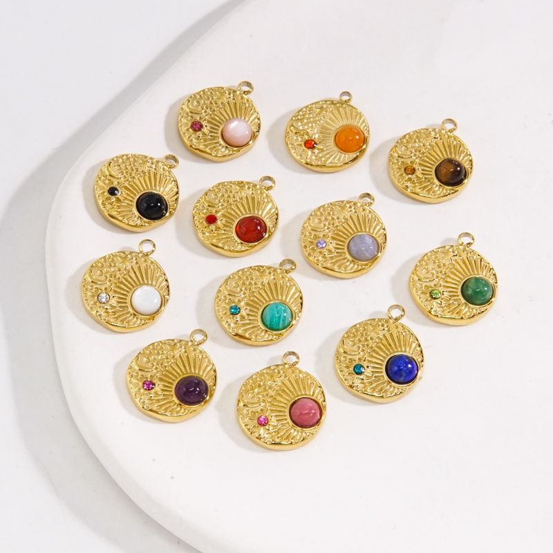 10 PCS/Package 304 Stainless Steel Natural Stone Zircon 14K Gold Plated Sun Star Beads