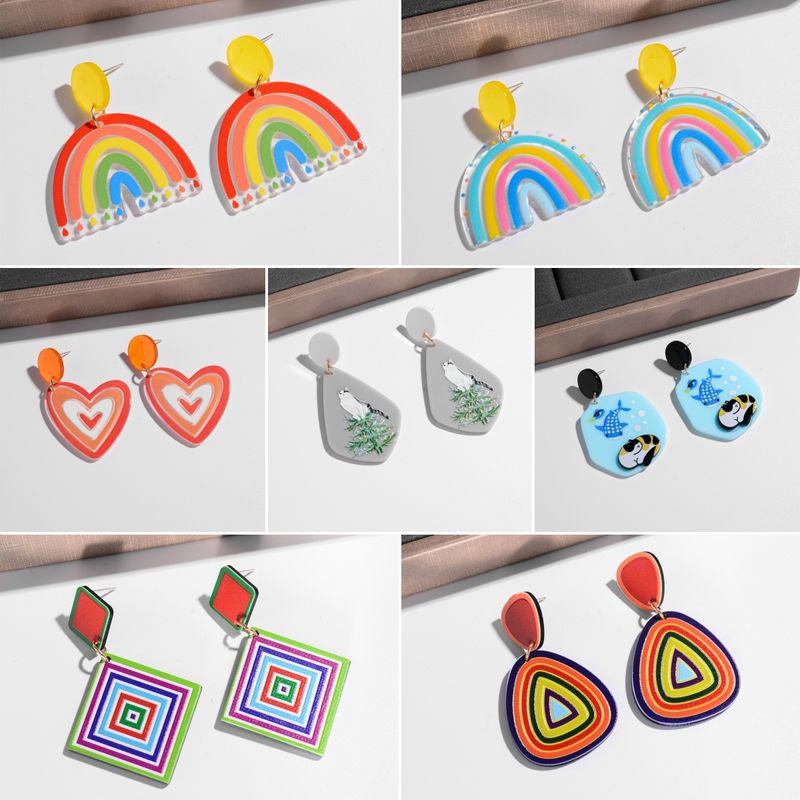 1 Pair Ig Style Simple Style Rainbow Heart Shape Cat Painted Arylic Drop Earrings