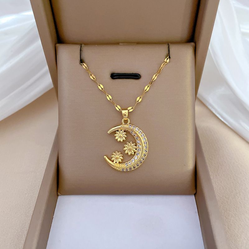 Großhandel Süss Klassischer Stil Mond Blume Titan Stahl Kupfer Überzug Inlay Künstliche Edelsteine Halskette Mit Anhänger
