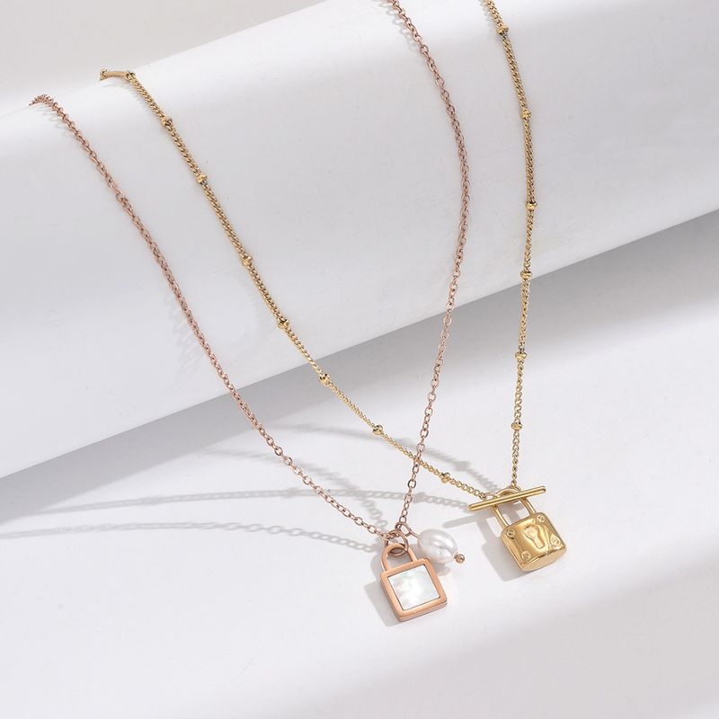 Stainless Steel 14K Gold Plated Rose Gold Plated IG Style Simple Style Plating Inlay Lock Artificial Pearls Shell Pendant Necklace