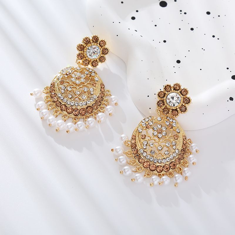 1 Pair Elegant Retro Flower Tassel Pearl Inlay Alloy Rhinestones Drop Earrings