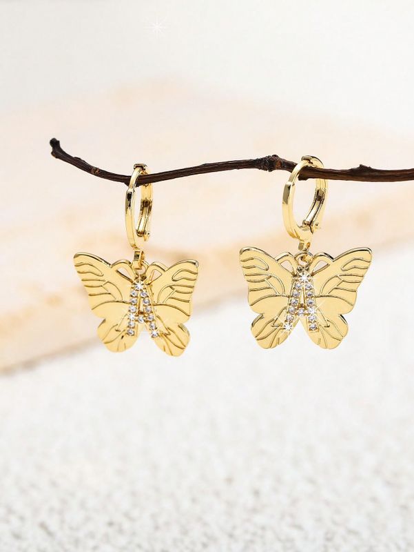 1 Pair Cute Classic Style Letter Butterfly Plating Inlay Copper Zircon 18k Gold Plated Drop Earrings