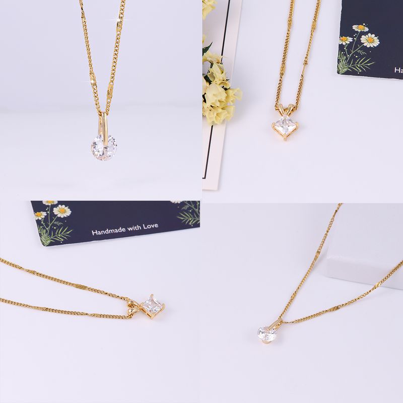Elegant Simple Style Shiny Round Square Stainless Steel Copper Plating Inlay Zircon 18k Gold Plated Pendant Necklace