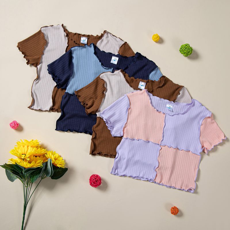 Simple Style Color Block Cotton Blend T-shirts & Blouses