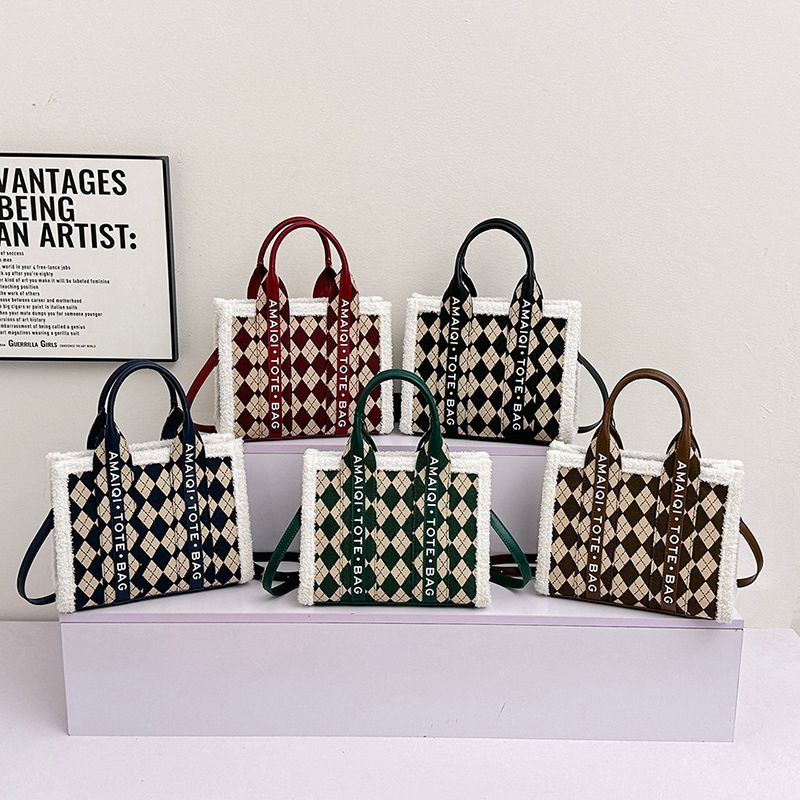 Frau Segeltuch Brief Argyle Vintage-stil Quadrat Reißverschluss Handtasche