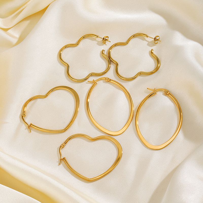1 Pair Simple Style Heart Shape Flower Plating 304 Stainless Steel Hoop Earrings