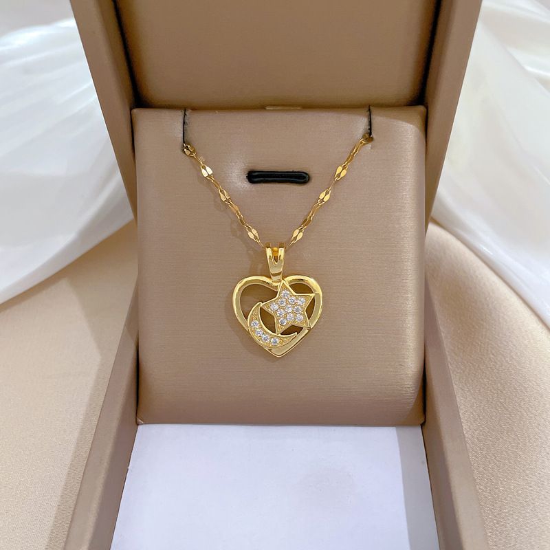 Wholesale Simple Style Star Moon Heart Shape Titanium Steel Copper Plating Inlay Artificial Gemstones Pendant Necklace