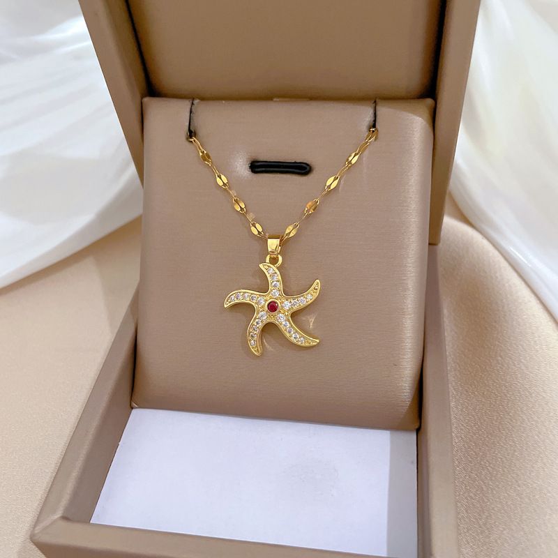 Wholesale Simple Style Starfish Titanium Steel Copper Plating Inlay Artificial Gemstones Pendant Necklace