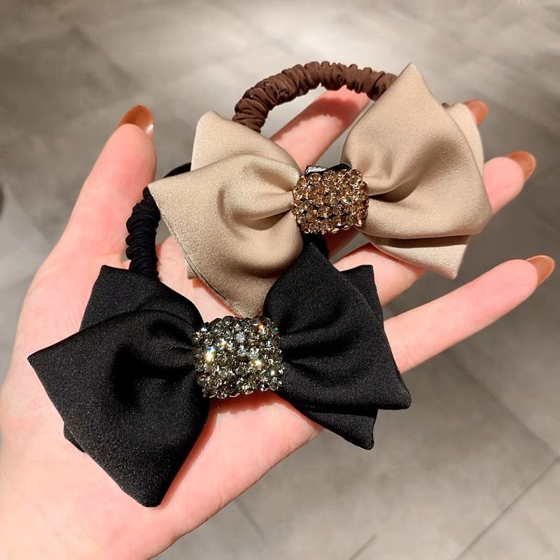Women's Lady Solid Color Rhinestone Bowknot Hair Tie