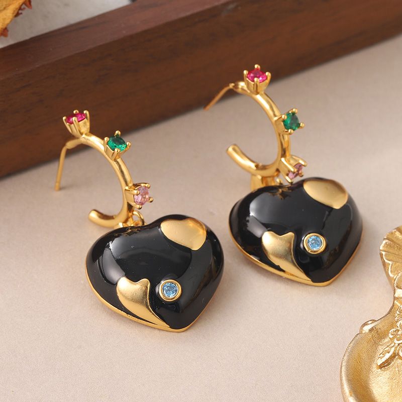 1 Pair Vintage Style Heart Shape Inlay Copper Zircon Drop Earrings