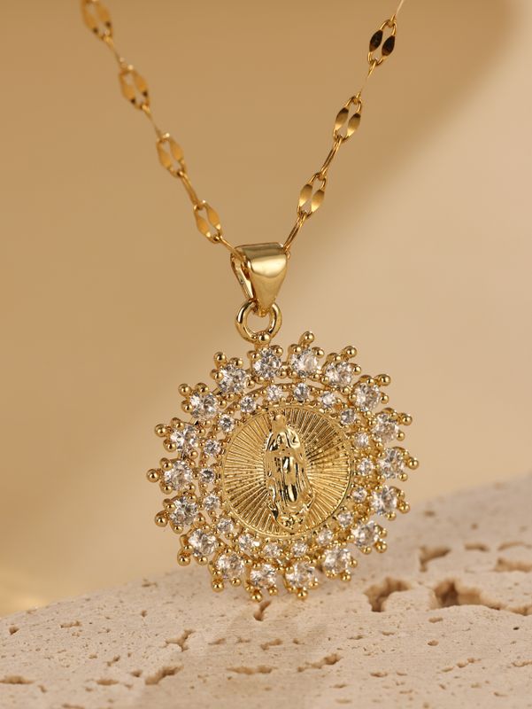 Elegant Simple Style Round Stainless Steel Zircon 18k Gold Plated Pendant Necklace