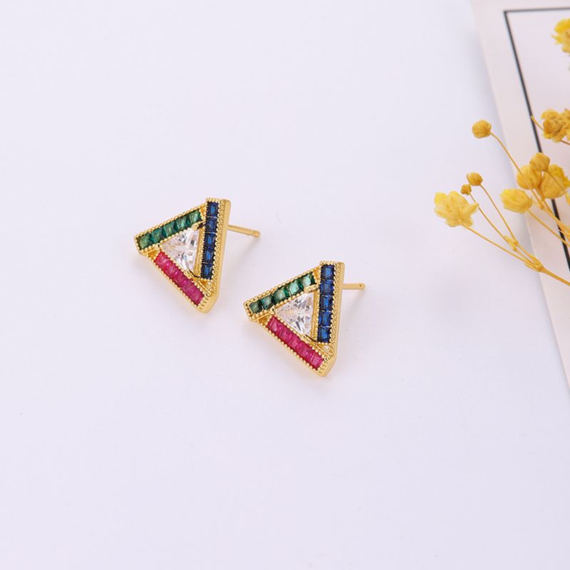 1 Pair Simple Style Triangle Plating Inlay Copper Artificial Gemstones Zircon 18k Gold Plated Ear Studs