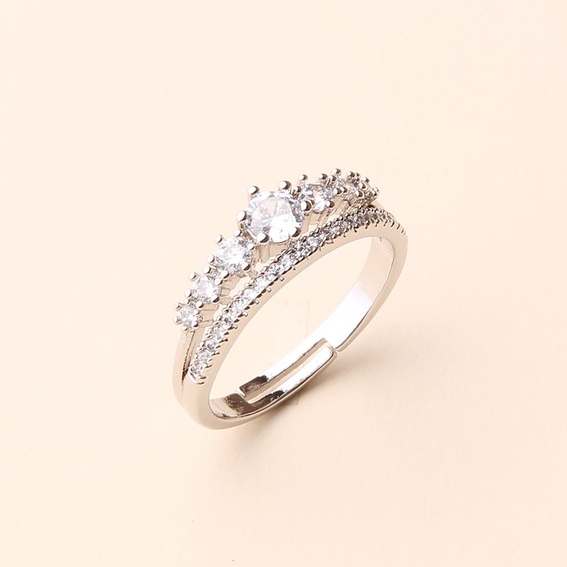 Glam Shiny Crown Copper Plating Inlay Zircon Rhodium Plated Adjustable Ring