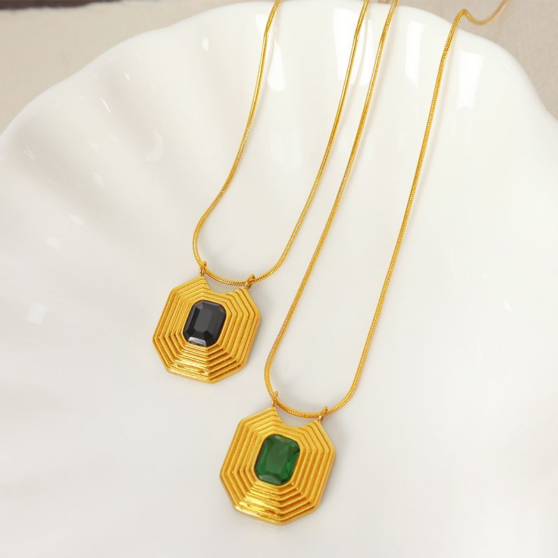Vintage Style Square Stripe Titanium Steel Plating Inlay Glass Stone 18k Gold Plated Pendant Necklace