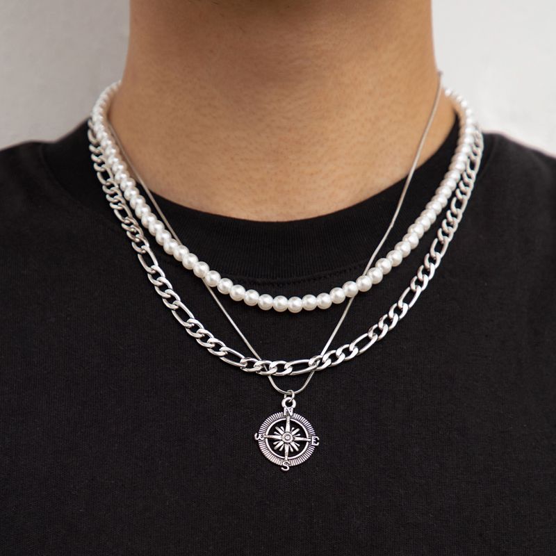 Vintage Style Punk Compass Alloy Beaded Plating White Gold Plated Men's Pendant Necklace