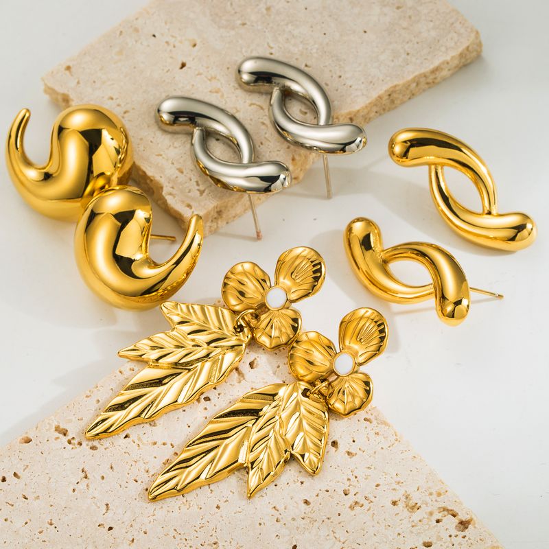 1 Pair Simple Style Leaves Solid Color Comma Polishing Plating Stainless Steel 18k Gold Plated Drop Earrings Ear Studs