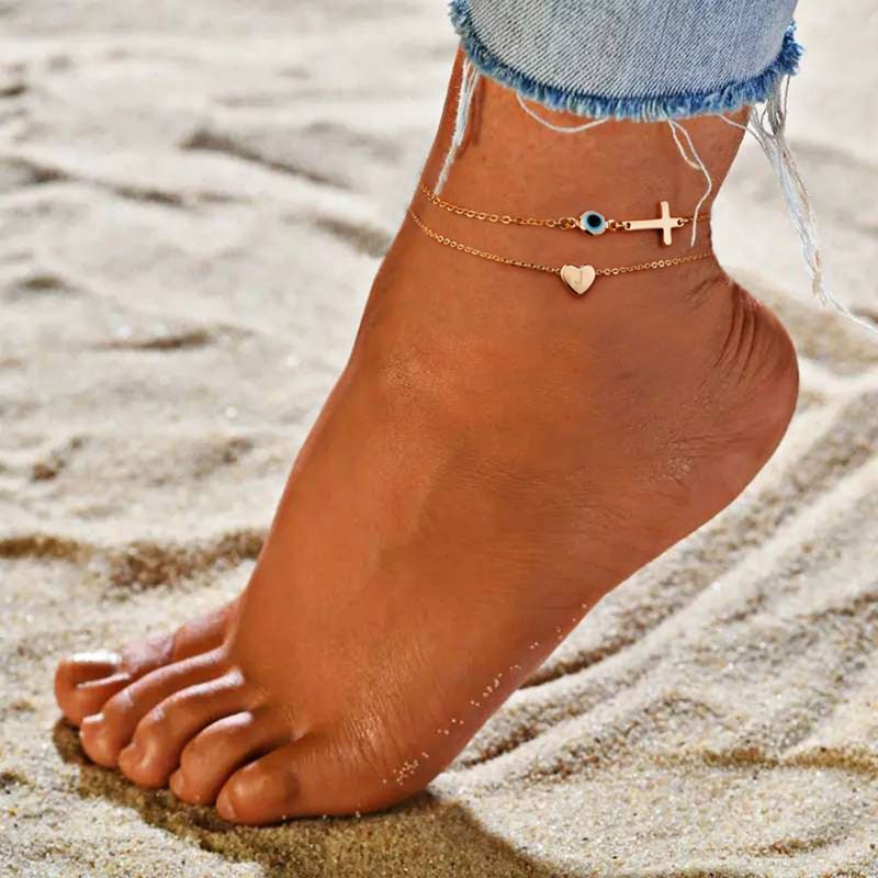 Vacation Tropical Cross Letter Heart Shape Copper Plating 14K Gold Plated Women's Anklet