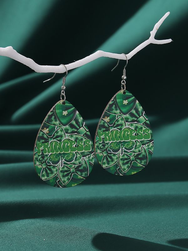 1 Pair Casual Shamrock Letter Printing Wood Drop Earrings