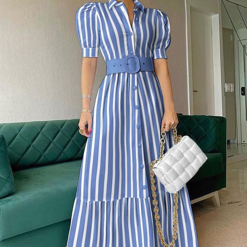 Women's Swing Dress Elegant Turndown Short Sleeve Stripe Solid Color Maxi Long Dress Daily