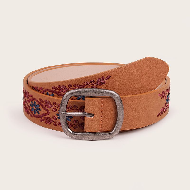 Retro Ethnic Style Geometric Pu Leather Alloy Embroidery Women's Leather Belts
