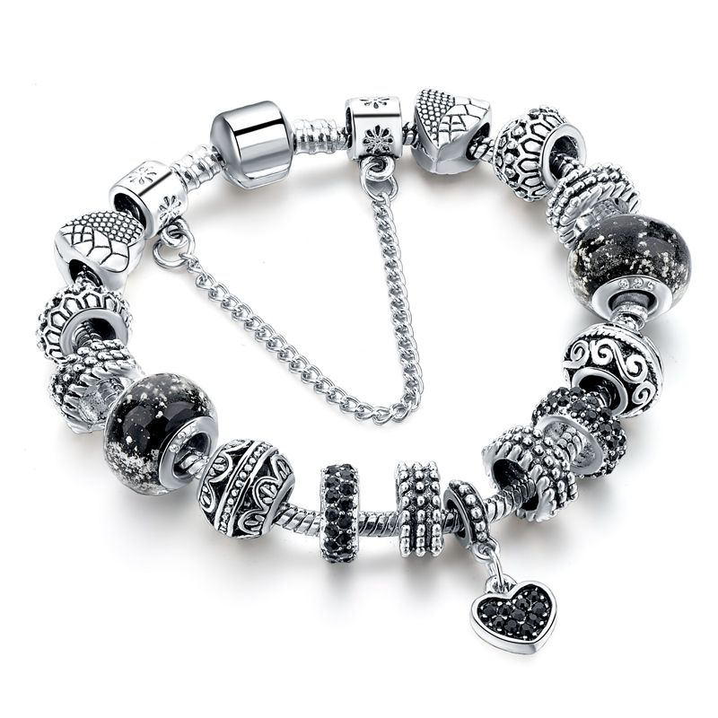 Punk Color Block Heart Shape Alloy Copper Plating Inlay Rhinestones Glass Bead Silver Plated Unisex Bracelets