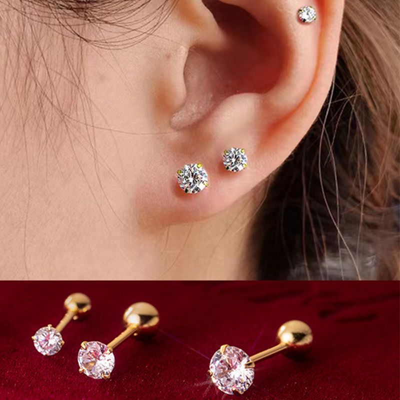 3 Pieces Simple Style Shiny Solid Color Plating Inlay 304 Stainless Steel Zircon 14K Gold Plated Ear Studs