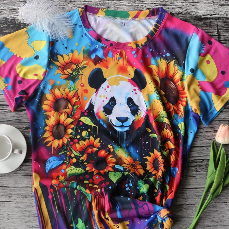 Frau T-shirt Kurzarm T-shirts Lässig Panda Blume