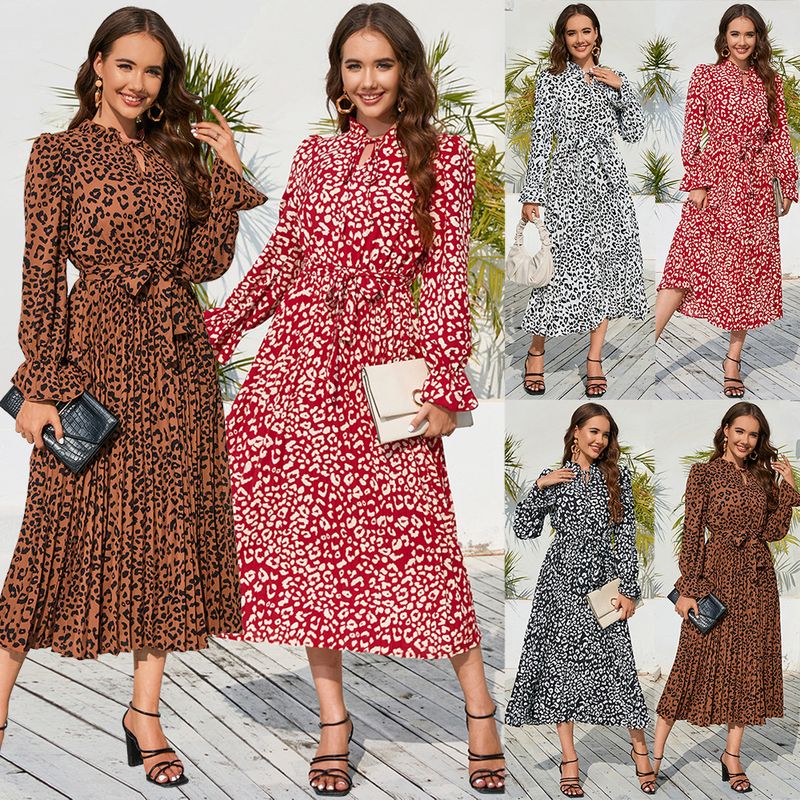 Women's Regular Dress Elegant V Neck Long Sleeve Leopard Midi Dress Daily Street