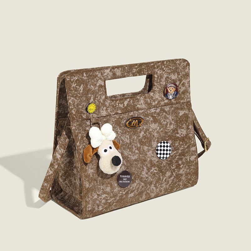 Women's Medium Corduroy Dog Argyle Streetwear Square Magnetic Buckle Shoulder Bag