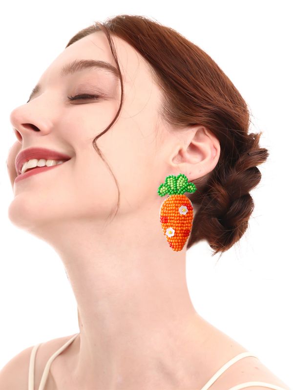 1 Pair Pastoral Carrot Handmade Braid Alloy Seed Bead Ear Studs