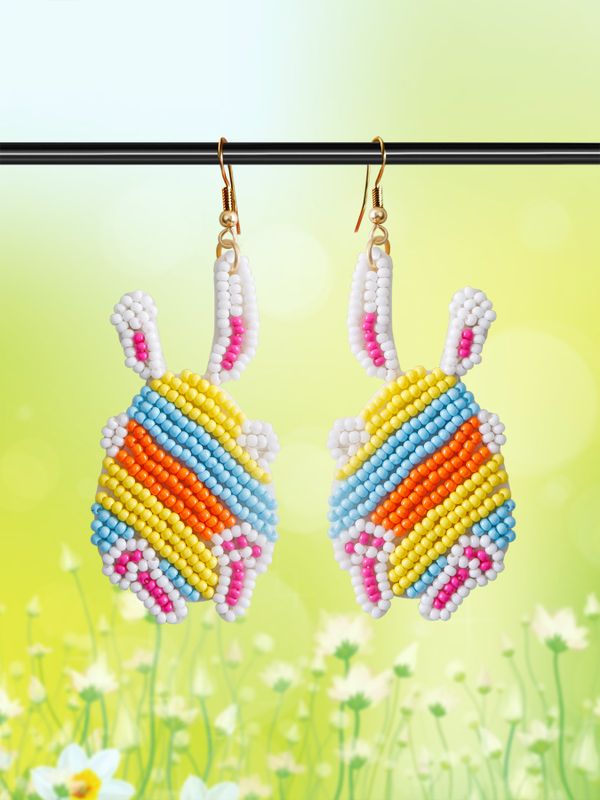 1 Pair Pastoral Rabbit Beaded Handmade Braid Alloy Seed Bead Ear Hook