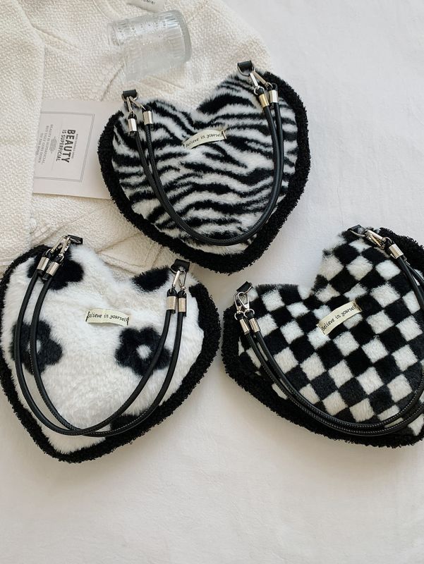 Women's Small Plush Zebra Flower Checkered Streetwear Heart-shaped Magnetic Buckle Underarm Bag