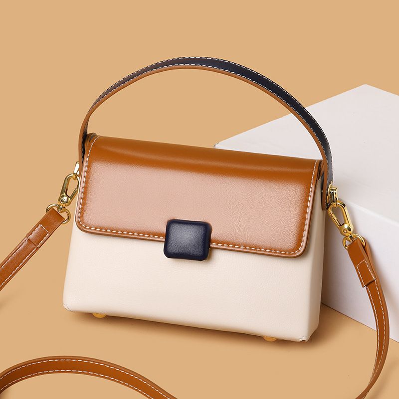 Women's Small Leather Color Block Vintage Style Square Flip Cover Crossbody Bag