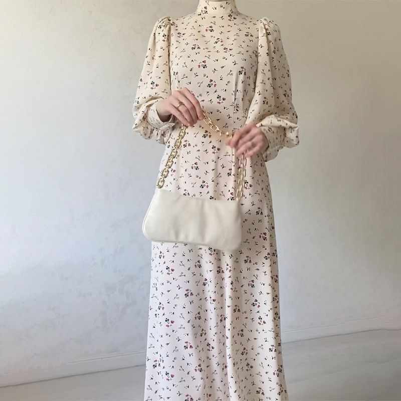 Femmes Robe Régulière Élégant Col Haut Manche Longue Fleur Maxi Longue Robe Du Quotidien