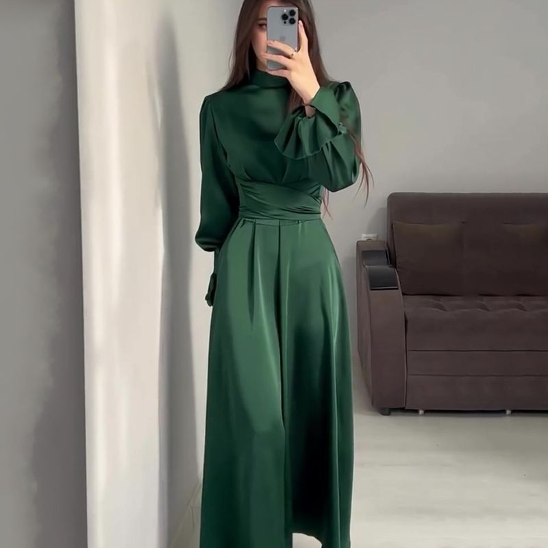 Femmes Robe Régulière Élégant Col Haut Manche Longue Couleur Unie Maxi Longue Robe Du Quotidien Rue