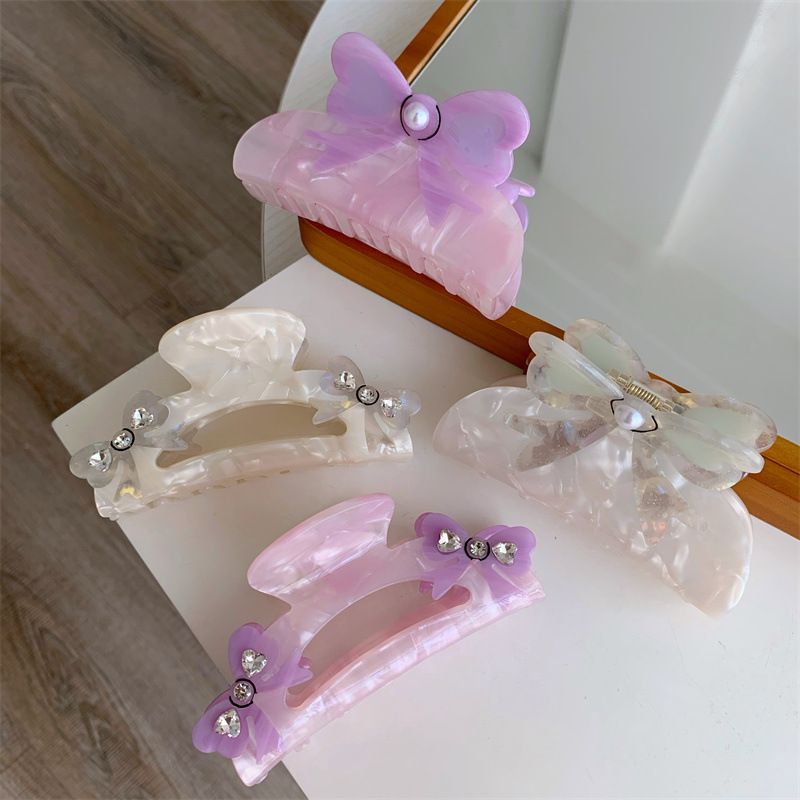 Women's Sweet Simple Style Bow Knot Acetic Acid Sheets Hollow Out Inlay Rhinestones Pearl Hair Claws